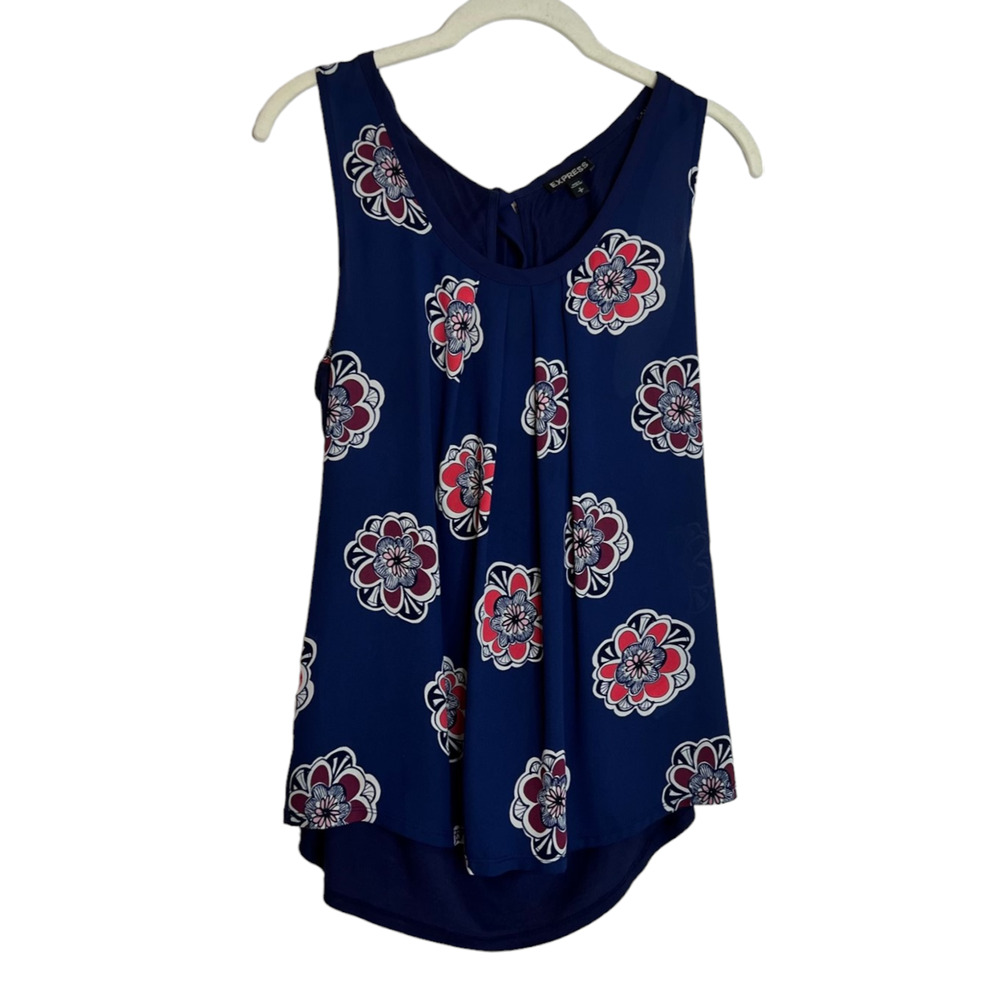Express Womens Sleeveless Blouse Small Navy Floral Chiffon Front Solid Knit Back